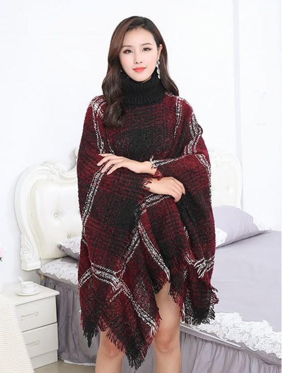 Loose Neck Poncho W/ Big Plaid